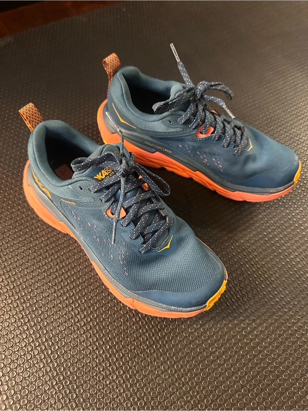 Hoka One One Challenger—Blue Trail Sneakers with Salmon and Yellow Soles
